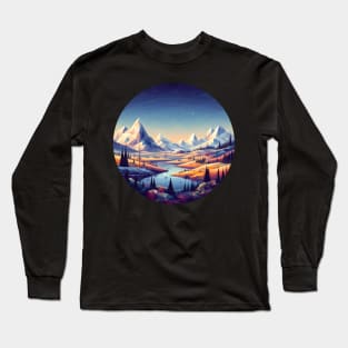 Low Poly Winter Mountain Forest with Starry Sky Long Sleeve T-Shirt